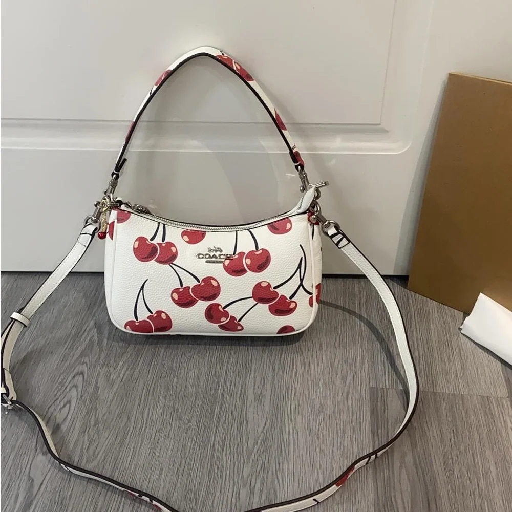 Coach White Leather Shoulder Bag with Red Cherry Print